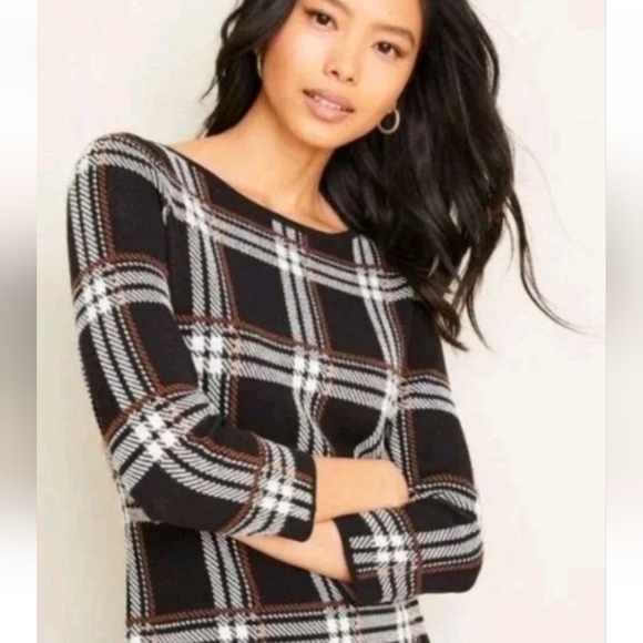 Ann Taylor Plaid Knit Sweater Dress 3/4 Sleeve Black Brown White Women's Size PL - Picture 2 of 6